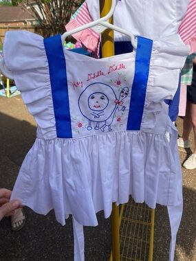 Proper peony White Girls' Embroidered Apron Dress with Blue Ribbon Straps